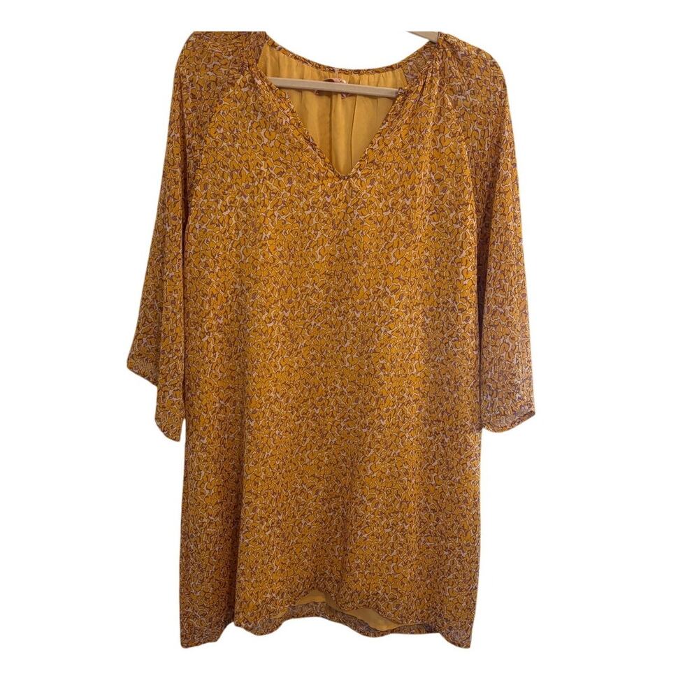 Traffic People Yellow V Neck 3/4 Sleeve Shift Dress Boho Oversized Size S